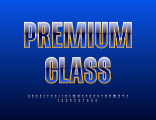 Vector Premium Class style Font. Blue and Gold shiny Alphabet. Elite Letters and Numbers set