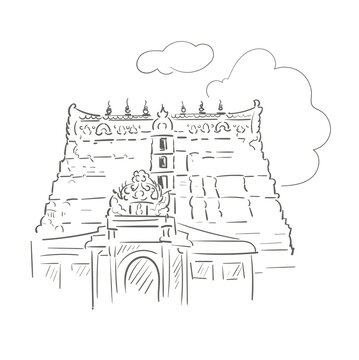 recommend clip art: The Shree Padmanabhaswamy temple Hindu Vishnu Thiruvananthapuram Kerala India religion institution vector sketch city illustration line art sketch simple
