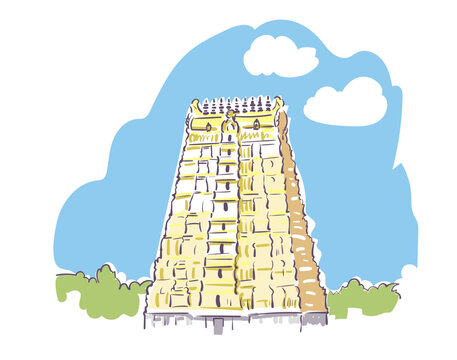 Arulmigu Ramanathaswamy Hindu temple Shiva Rameswaram Tamil Nadu India religion institution vector sketch city illustration line art sketch simple