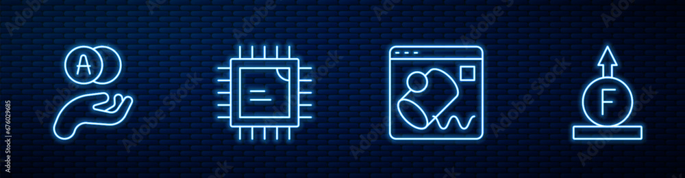Poster set line data visualisation, atom, processor cpu and force of physic formula. glowing neon icon on b