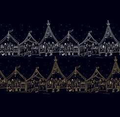 Christmas markets,  golden contours, seamless pattern, on dark background