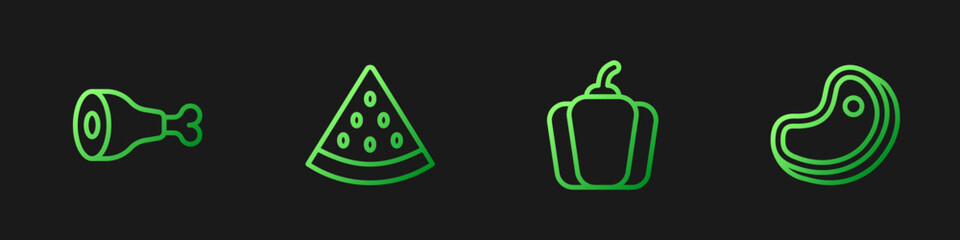 Set line Bell pepper, Chicken leg, Watermelon and Steak meat. Gradient color icons. Vector