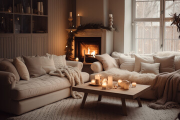 Modern cozy living room decorated for Christmas, Scandinavian style