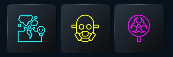 Set line Poisonous cloud of gas or smoke, Biohazard symbol and Gas mask. Black square button. Vector