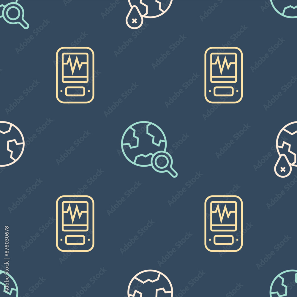 Aufkleber set line location on the globe, seismograph and magnifying glass with on seamless pattern. vector