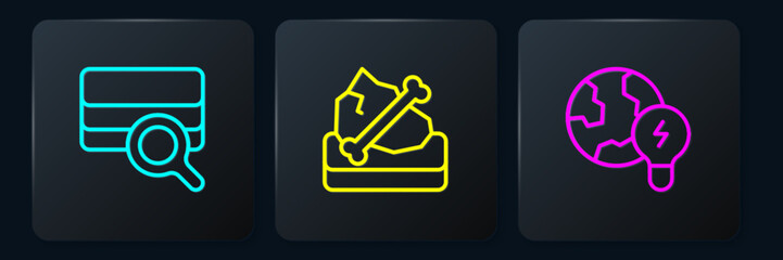 Set line Soil analysis, Global planet with bulb and Archeology. Black square button. Vector