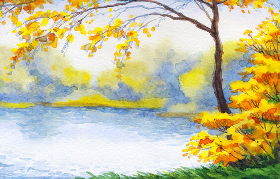 Watercolor landscape. Lake in the autumn forest