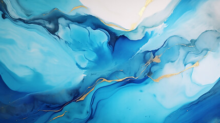 Blue liquid abstract background with gold flecks. Alcohol ink painting effect on turquoise marble