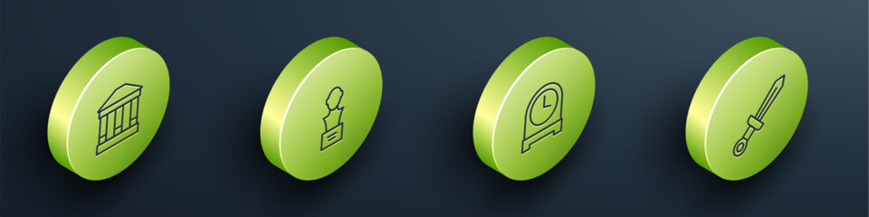 Set Isometric line Museum building, Gypsum head sculpture bust, Antique clock and Medieval sword icon. Vector