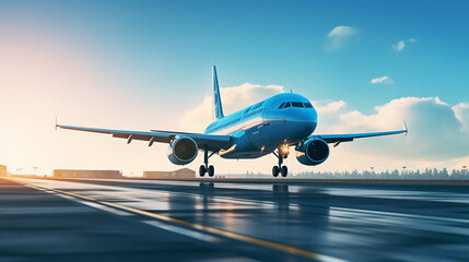 Take off or landing of a modern airliner against the background of the blue sky at the runway and...