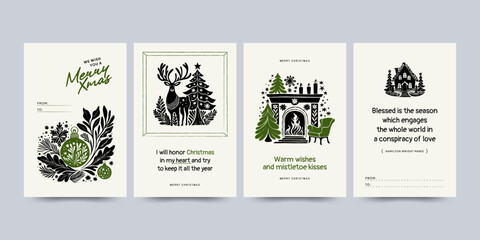 Merry Christmas card and Happy New Year vertical flyer or poster template. Modern trendy Matisse minimal style. Hand drawn design for wallpaper, wall decor, print, postcard, cover, template, banner.