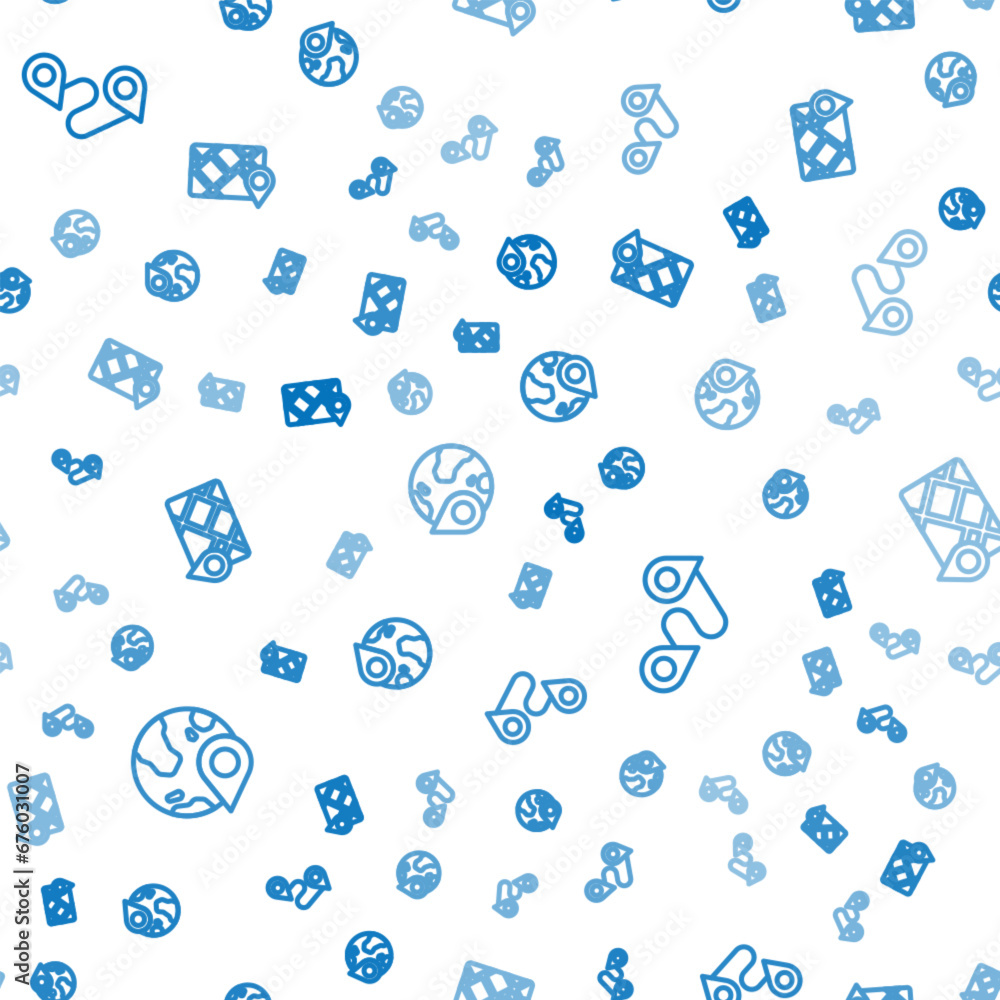 Poster set line location on the globe, route location and gps device with map on seamless pattern. vector