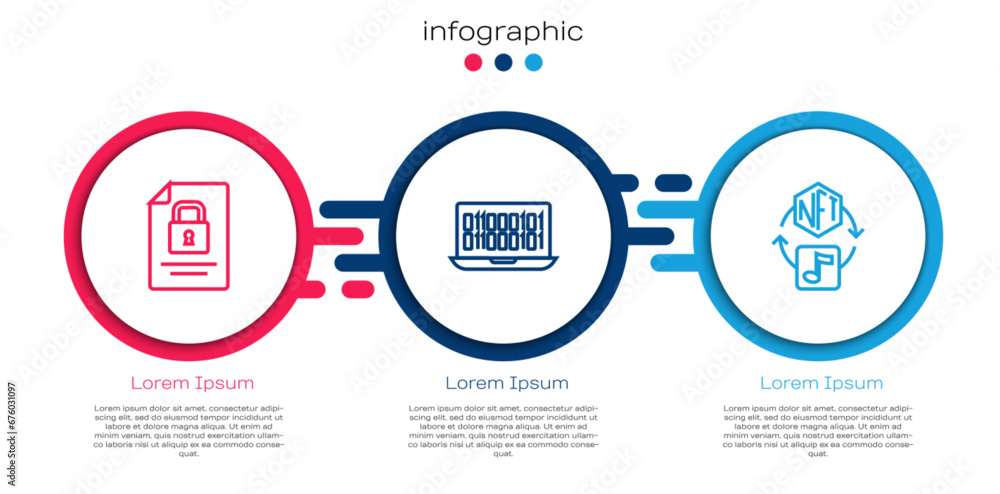 Aufkleber set line document and lock, binary code and nft digital crypto art. business infographic template. v
