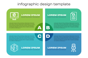 Set line NFT Digital crypto art, Monitor with store app, Cyber security and Document and lock. Business infographic template. Vector