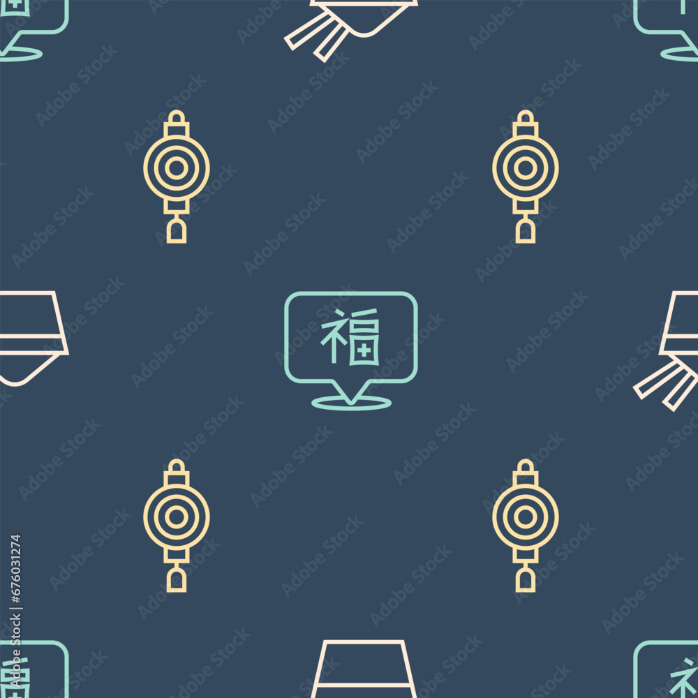 Poster set line ice in a bowl with chopstick, chinese paper lantern and new year on seamless pattern. vecto