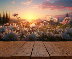 Puesta de sol en el campo. Para el montaje de la exhibición de productos. mesa de madera o en la...