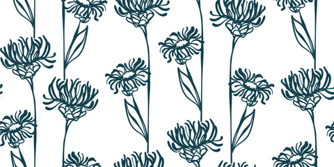 plant nature artistic seamless ink vector one line pattern hand drawn