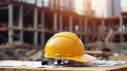 Construction house. Repair work. Drawings for building and yellow helmet