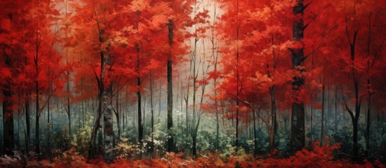 In the background of the forest a beautiful autumn pattern emerges showcasing the vibrant red colors of nature s tapestry while the textured bark of each tree adds to the enchanting beauty  - obrazy, fototapety, plakaty