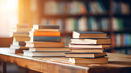 Stack of books and cantors on wooden table and blurred bookshelf in library room
