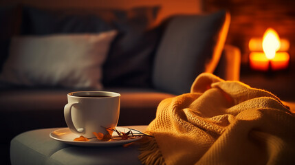 A mug of hot tea stands on a chair with a woollen blanket in a cosy living room with a fireplace