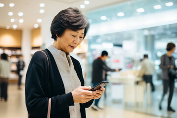 Happy mature asian woman chooses mobile phone in store