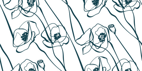 poppies plant nature artistic seamless ink vector one line pattern hand drawn