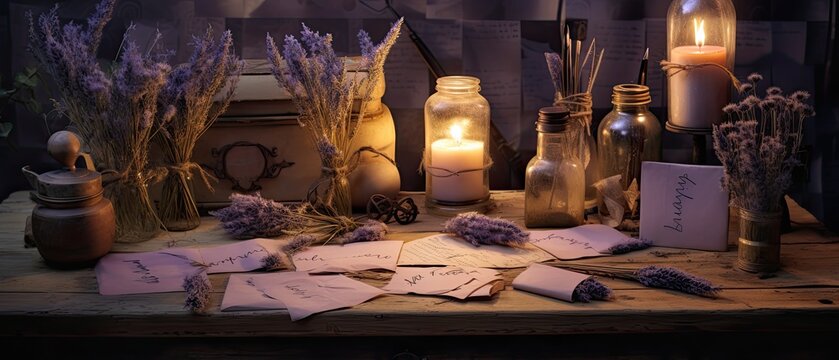 A collection of antique love letters with dried lavender sprigs. Happy Valentine's Day.