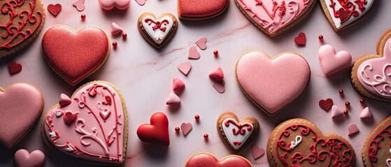 An artistic composition of cookies with a Valentine motif decorated with royal icing. Happy Valentine's Day card. Birthday, children party invitation. - obrazy, fototapety, plakaty