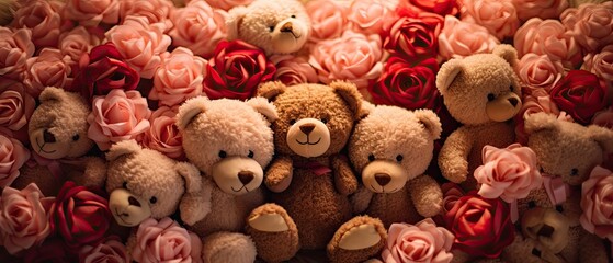 An assortment of petite plush teddy bears holding tiny love notes. Happy Valentine's Day card. Birthday, children party invitation. - obrazy, fototapety, plakaty