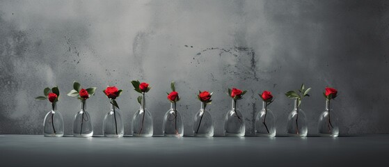 Happy Valentine's. An elegant display of glass vials with single stems of red roses. 
