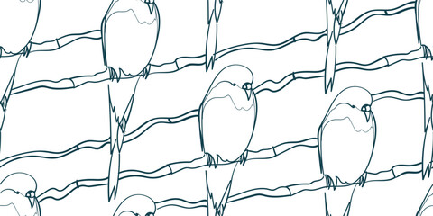 parrot nature wildlife artistic seamless ink vector one line pattern hand drawn - obrazy, fototapety, plakaty