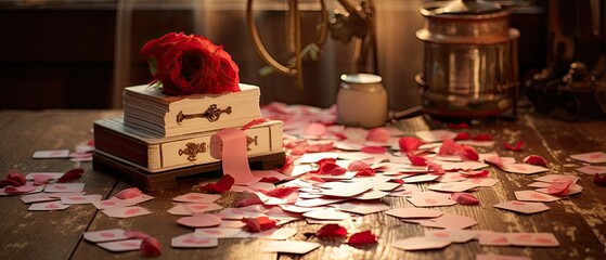 Naklejka na ściany i meble Soft-focus vignette of rose petals and vintage Valentine's cards. Mothers day, birthday, celebration, anniversary. 