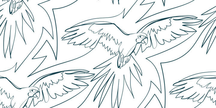 parrot nature wildlife artistic seamless ink vector one line pattern hand drawn