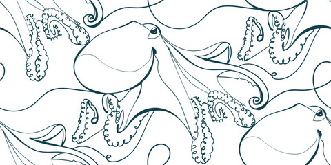 octopus nature wildlife artistic seamless ink vector one line pattern hand drawn - 676032014