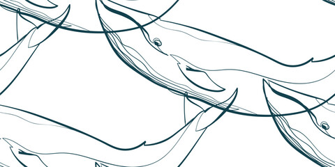 whale nature wildlife artistic seamless ink vector one line pattern hand drawn