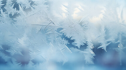 Winter Christmas frost patterns on glass. Ice crystals or cold winter background