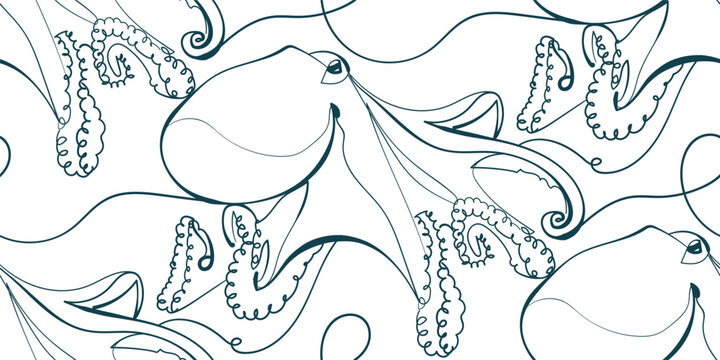 octopus nature wildlife artistic seamless ink vector one line pattern hand drawn