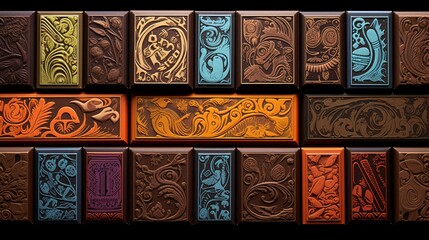 A chocolate connoisseur's collection of Ecuadorian chocolate bars, displayed like pieces of art, showcasing their diversity in flavors and packaging.