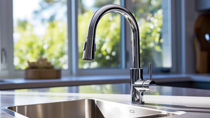 Close up stainless steel kitchen sink and Steel chrome faucet in modern kitchen - obrazy, fototapety, plakaty