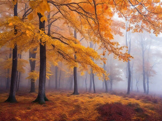 Atmospheric autumn forest in the fog. Yellow and orange leaves on the trees in the morning forest. Beautiful background. Generated AI