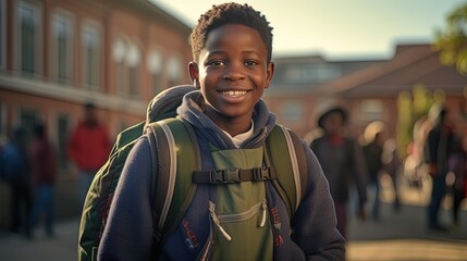 closeup portrait of young African American boy going to school at morning, Generative Ai