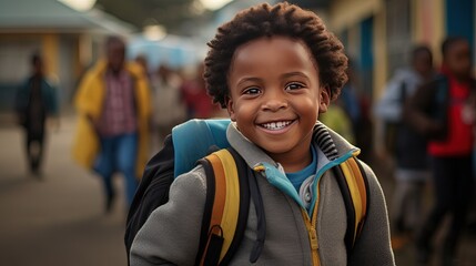 closeup portrait of young African American boy going to school at morning,  Generative Ai