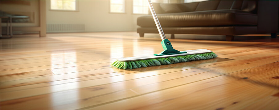 washing wooden laminate floor using microfiber swiffer or wet mop pad, homework cleaning routine concept. housekeeping work detail.