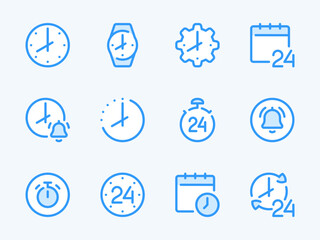 Time and Clock vector line icons. Watch and Hour outline icon set. Countdown, Timer, 24 Hours, Deadline, Time management and more.