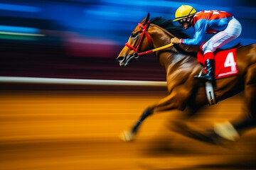 Jockey on racing horse. Champion. Hippodrome. Racetrack. Horse riding. Derby. Speed. Blurred movement.	