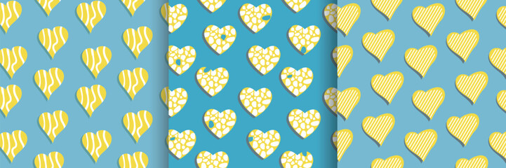 original hearts ornament seamless pattern set, heart with animal print yellow on  blue