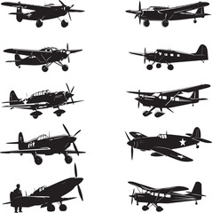 set of silhouettes of light aircraft, Small airplane , black isolated silhouette