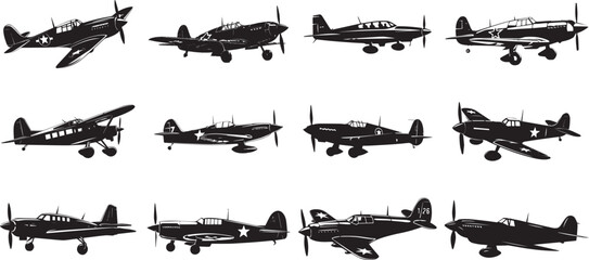 Vector collection of small airplane silhouettes, old aircrafts collection - vector