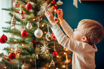 Little Boy Decorating Christmas Tree